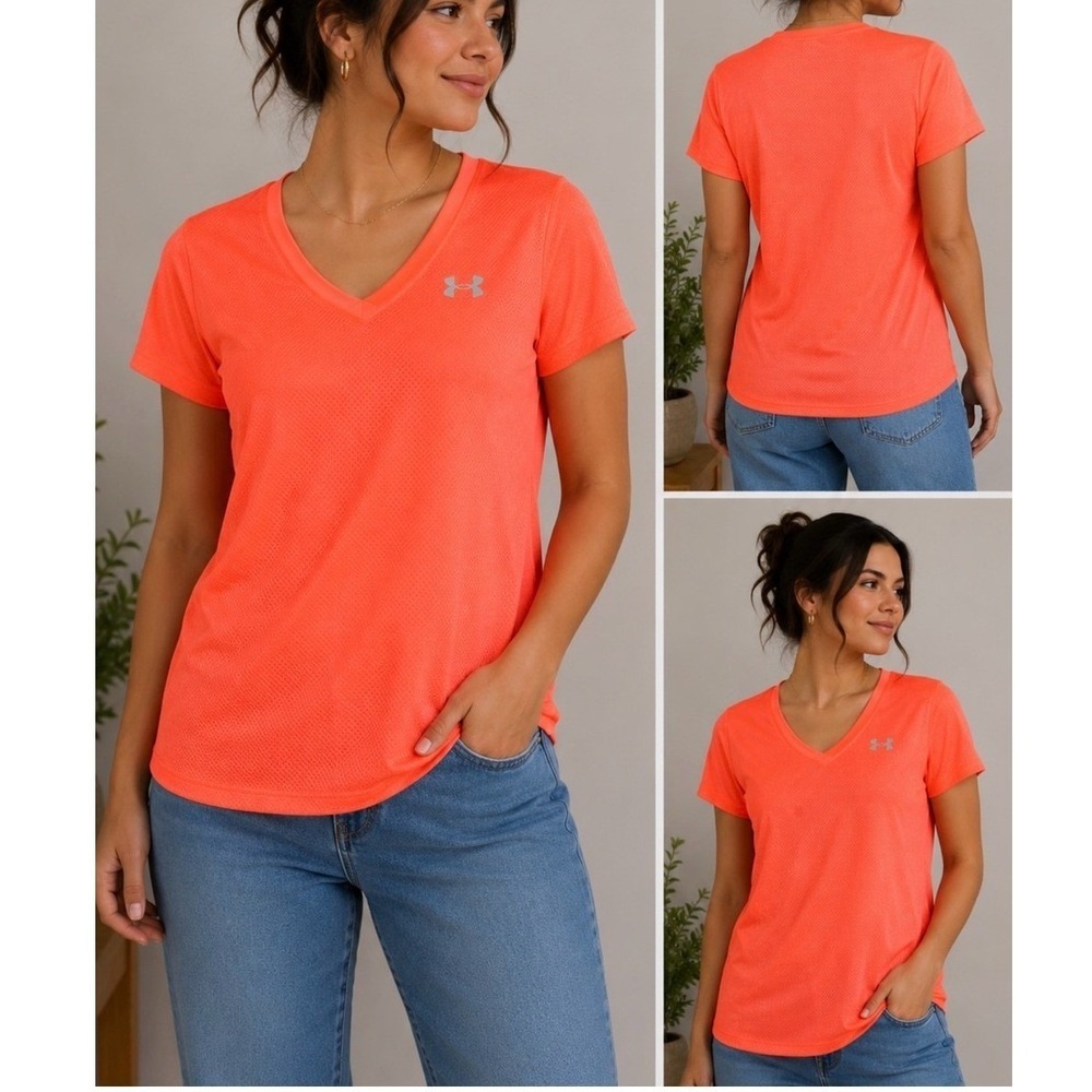 Under Armour HeatGear V-Neck Shirt Womens XS Neon Orange Excellent Mesh Workout - Picture 1 of 5